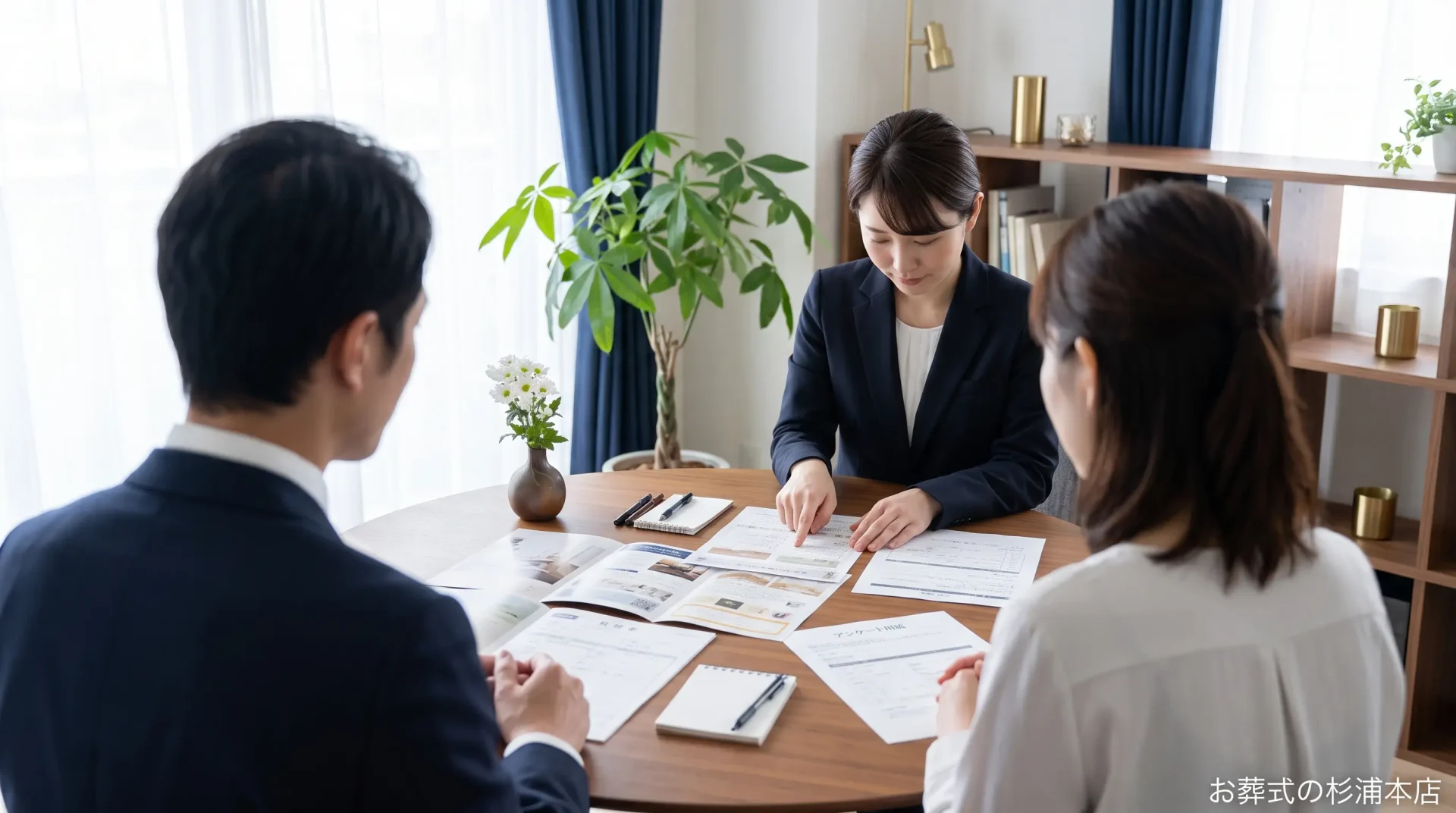 明るく清潔な相談スペースで、スタッフが手元の書類を広げてご家族に説明している様子