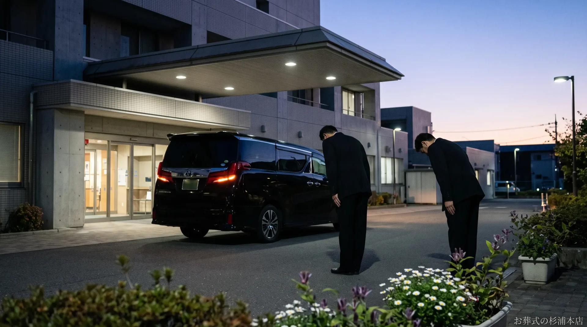 早朝の病院の車寄せに停まる黒い寝台車とお迎えに向かうスタッフ