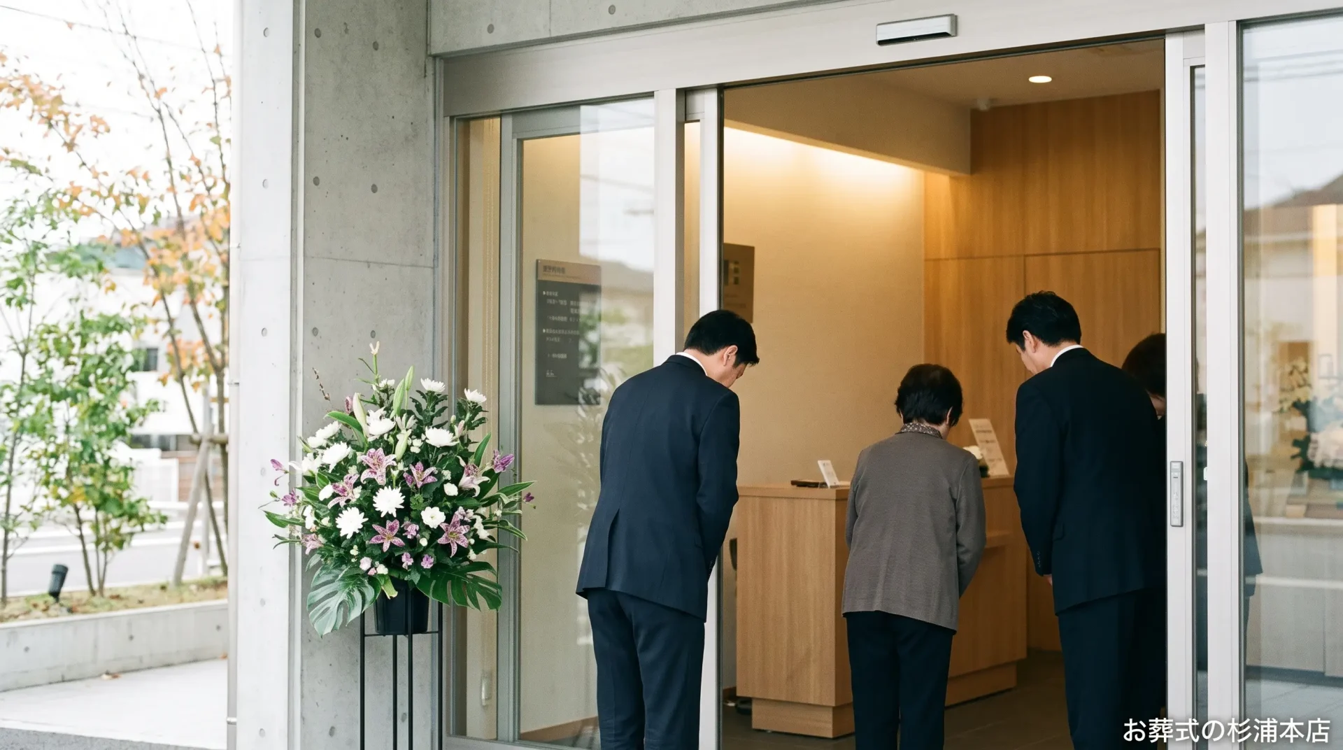 モダンで明るい式場の入口で、スタッフがご家族を静かに出迎える様子